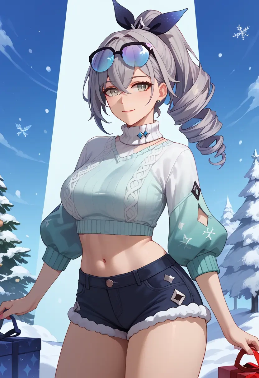 star rail,silver wolf,Christmas,red velvet shorts,turtleneck sweater  - 